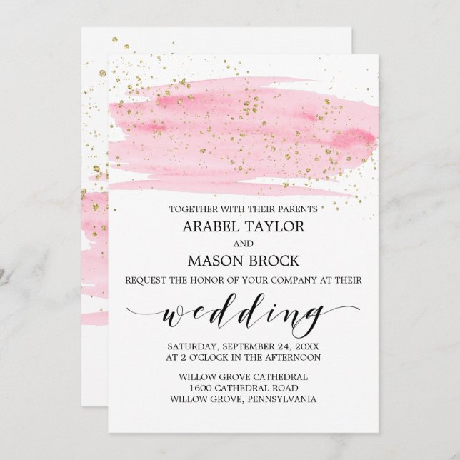 Watercolor Pink Blush and Gold Sparkle Wedding Invitation (Front/Back)