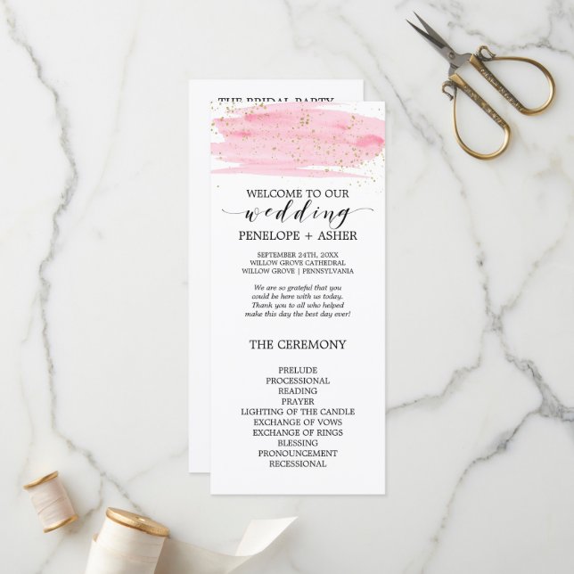 Watercolor Pink Blush and Gold Wedding Program Programme (Front/Back In Situ)