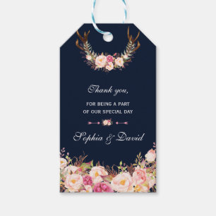 Watercolor Pink Blush Floral Antlers Navy Wedding Gift Tags