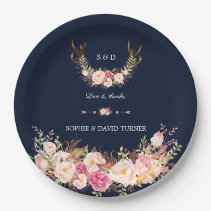 Watercolor Pink Blush Floral Antlers Navy Wedding Paper Plate