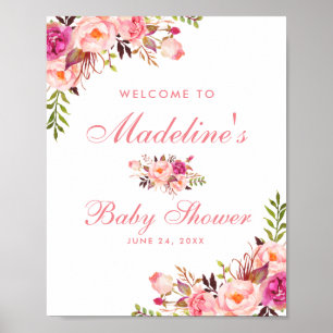 Watercolor Pink Blush Floral Baby Shower Welcome Poster
