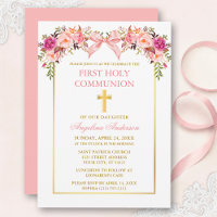 Watercolor Pink Blush Floral Bow Communion