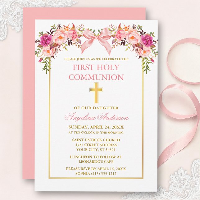 Watercolor Pink Blush Floral Bow Communion Invitation (Customize to change text color, size, style or to change color of back of card.)