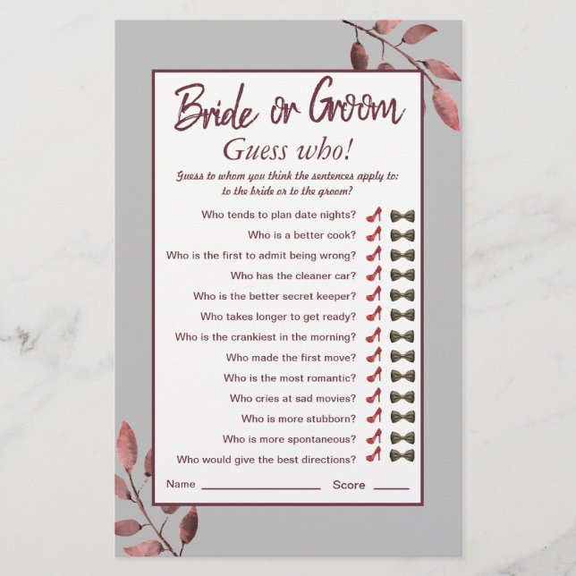 Watercolor Pink Blush Floral Bridal Shower Game (Front)