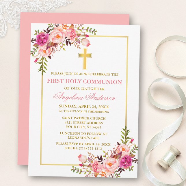 Watercolor Pink Blush Floral Communion Gold Invitation (Customize to change text color, size, style or to change color of back of card.)