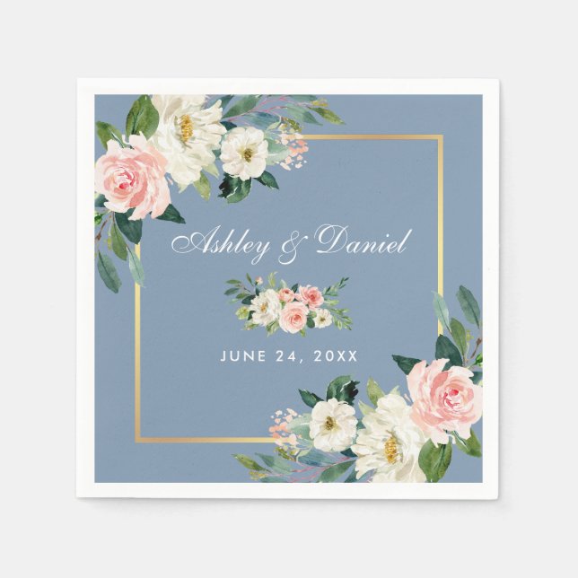 Watercolor Pink Blush Floral Dusty Blue Wedding Napkin (Front)