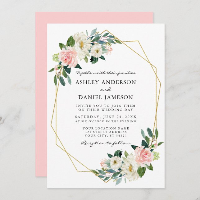 Watercolor Pink Blush Floral Elegant Gold Frame Invitation (Front/Back)