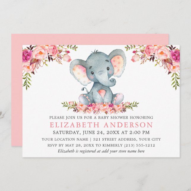 Watercolor Pink Blush Floral Elephant Baby Shower Invitation (Front/Back)