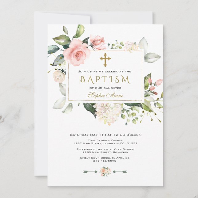 Watercolor Pink Blush Floral Frame Cross Baptism Invitation (Front)