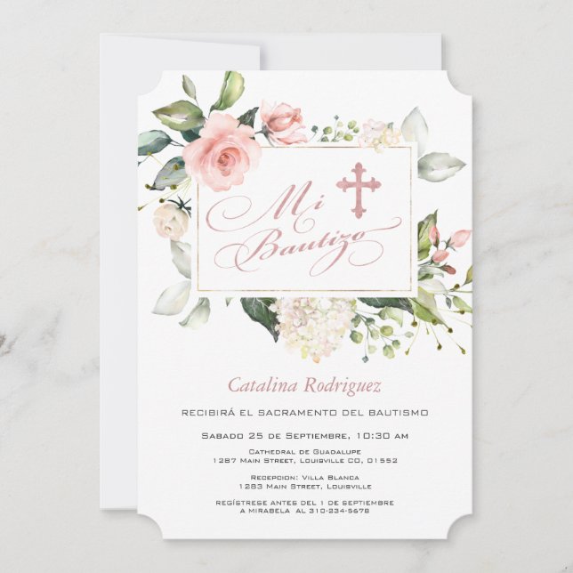 Watercolor Pink Blush Floral Frame Cross Baptism Invitation (Front)