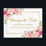 Watercolor Pink Blush Floral Gold Change The Date Postcard<br><div class="desc">Modern Elegant Watercolor Pink Blush Floral Change The Date Wedding Postponement Postcard features pink roses,  greenery and a gold frame.</div>