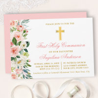 Watercolor Pink Blush Floral Gold First Communion
