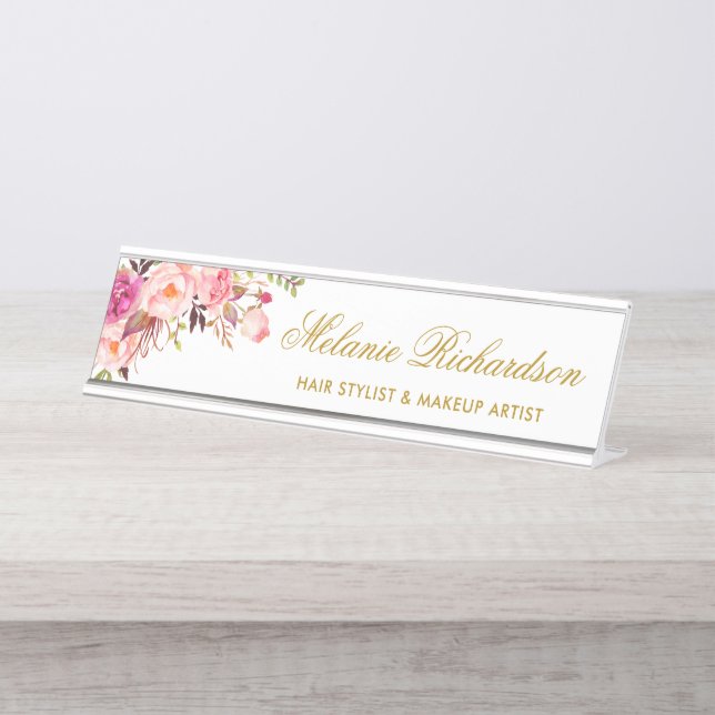 Watercolor Pink Blush Floral Gold Name Plate (Front)