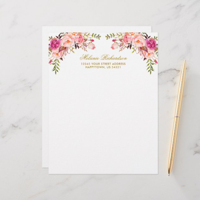Watercolor Pink Blush Floral Gold Personalised  Custom Letterhead (Front/Back In Situ)