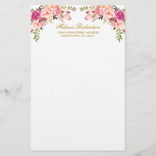 Watercolor Pink Blush Floral Gold Personalised  Stationery