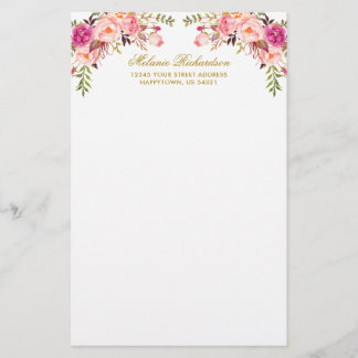 Watercolor Pink Blush Floral Gold Personalised  Stationery