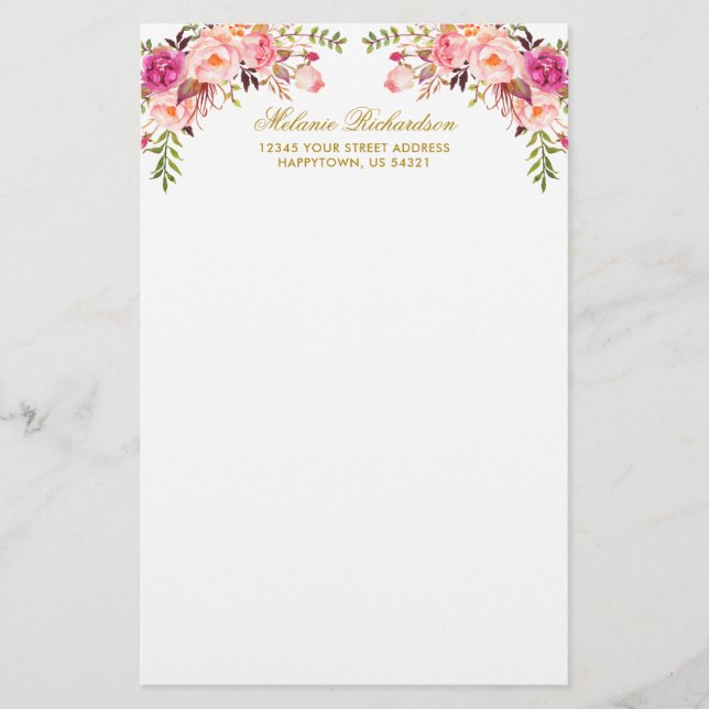 Watercolor Pink Blush Floral Gold Personalised  Stationery (Front)