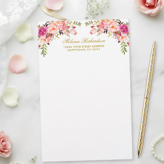 Watercolor Pink Blush Floral Gold Personalised  Stationery
