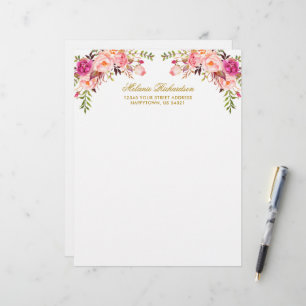 Watercolor Pink Blush Floral Gold Personalized  Custom Letterhead