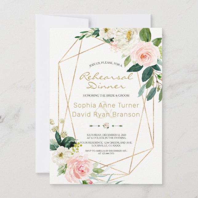 Watercolor Pink Blush Floral Gold Rehearsal Dinner Invitation (Front)