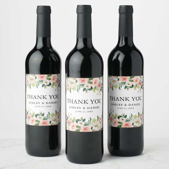 Watercolor Pink Blush Floral Greenery Wedding Wine Label (Bottles)