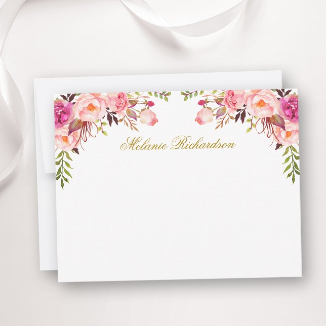 Watercolor Pink Blush Floral Personalised Gold Card (Customize to change text size, color, style or to add more text to front or back of card.)