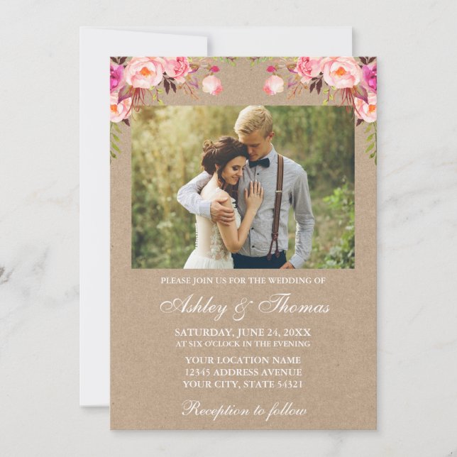 Watercolor Pink Blush Floral Photo Wedding Kraft Invitation (Front)