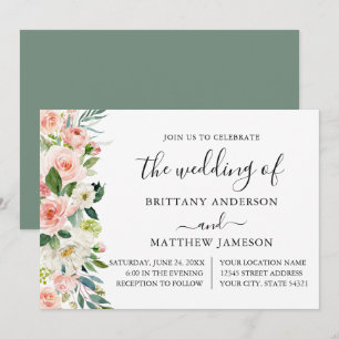 Watercolor Pink Blush Floral Sage Green Wedding Invitation
