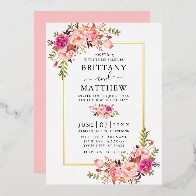 Watercolor Pink Blush Floral Wedding Gold (Front/Back)