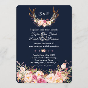 Watercolor Pink Blush Flowers Antlers Navy Wedding Invitation