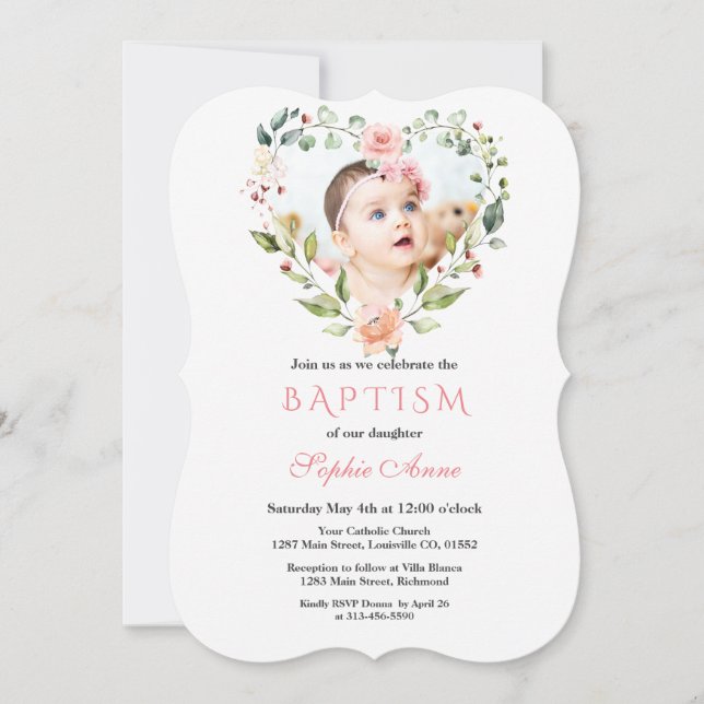 Watercolor Pink Blush Flowers Floral Photo Baptism Invitation (Front)