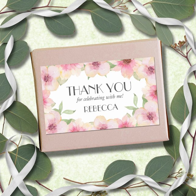 Watercolor Pink Blush Flowers Rectangular Sticker (4.5" x 2.7" rectangle stickers with yellow and pink blush flowers, thank you and your name)