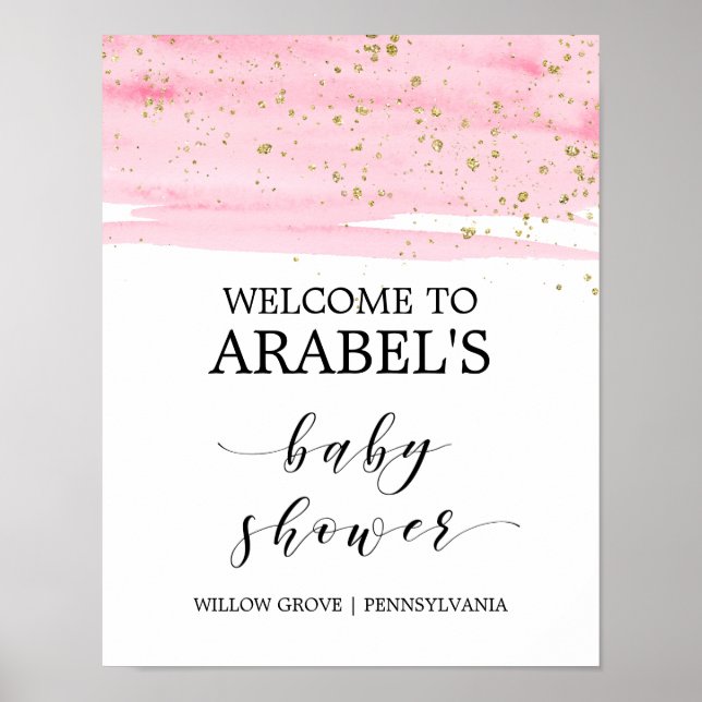 Watercolor Pink Blush & Gold Baby Shower Welcome Poster (Front)