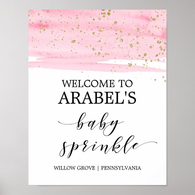 Watercolor Pink Blush & Gold Baby Sprinkle Welcome Poster (Front)