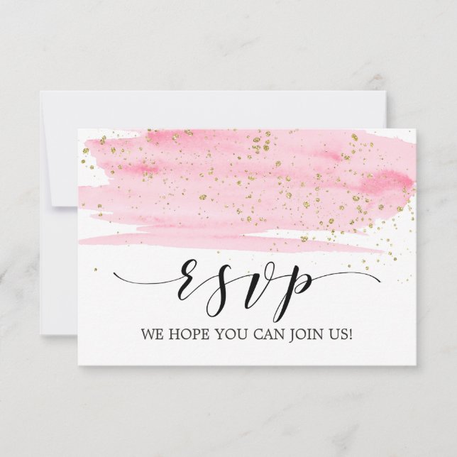 Watercolor Pink Blush & Gold Menu Choice RSVP Card (Front)