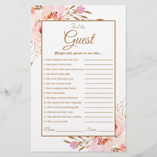 Watercolor Pink Blush Gold Rose Bridal Shower Game (Front)
