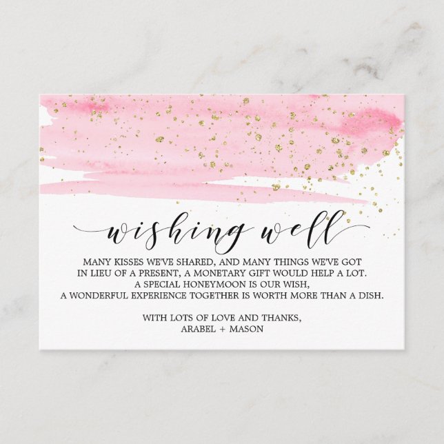 Watercolor Pink Blush & Gold Wedding Wishing Well Enclosure Card (Front)