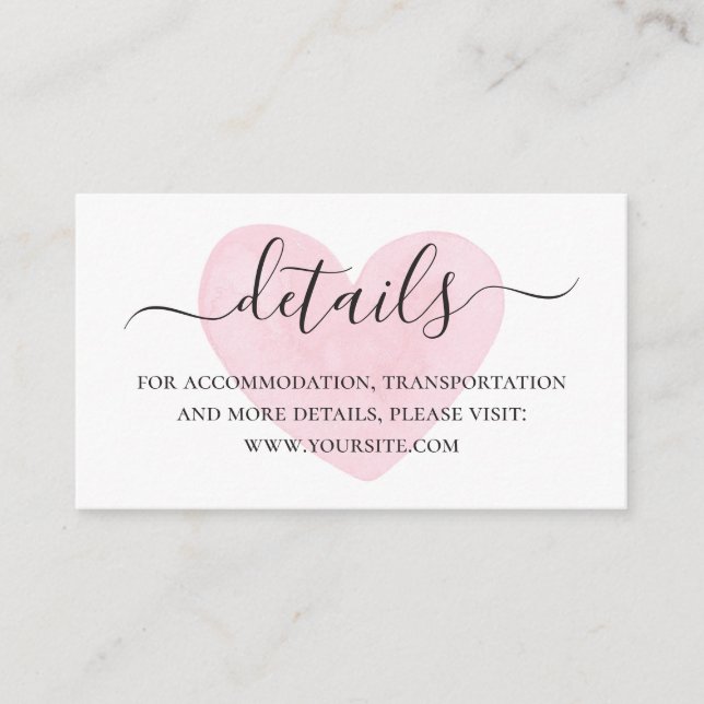 Watercolor pink blush heart script wedding details enclosure card (Front)