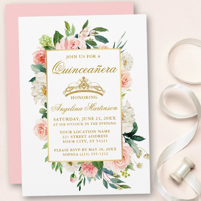 Watercolor Pink Blush White Floral Quinceanera Invitation (Customize to change text color, style, add text & photos to back or change color of back of card.)