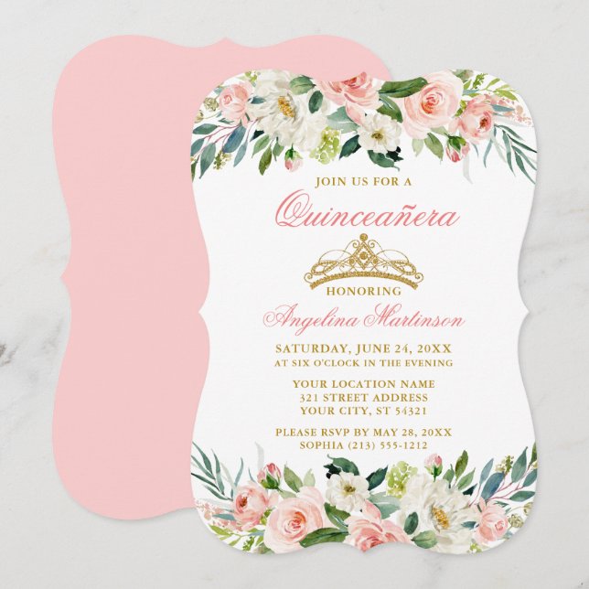 Watercolor Pink Blush White Floral Quinceanera Invitation (Front/Back)
