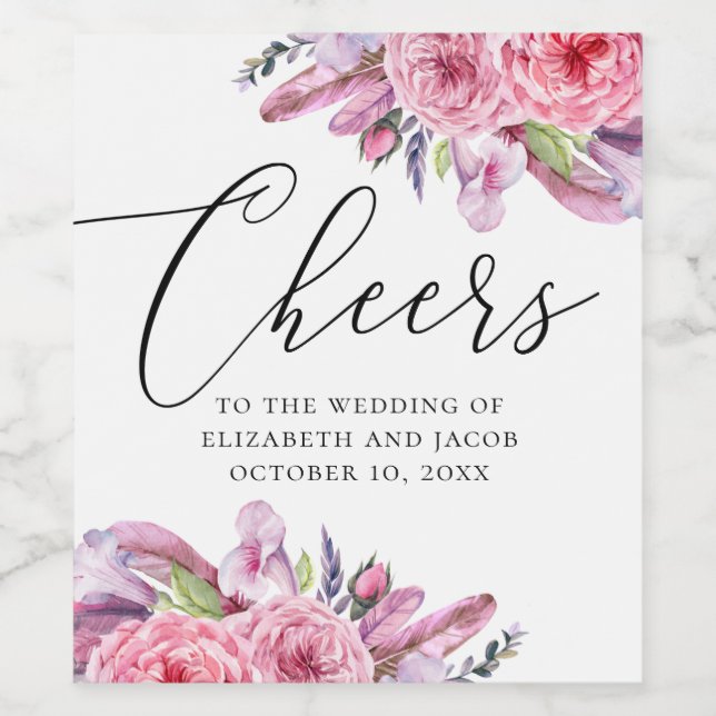 Watercolor pink boho floral feathers wedding wine label (Single Label)