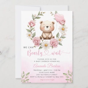 Watercolor Pink Boho Teddy Bear Girl Baby Shower Invitation