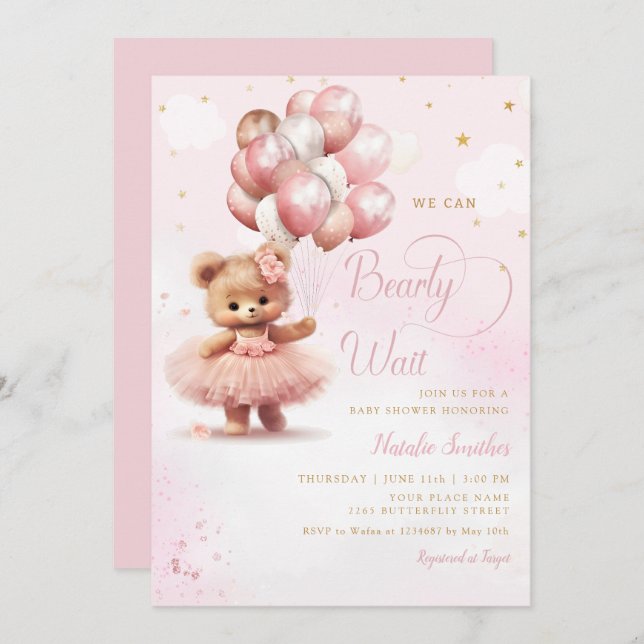 Watercolor Pink Boho Teddy Bear Girl Baby Shower  Invitation (Front/Back)