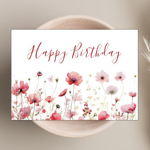 Watercolor Pink Boho Wildflower Happy Birthday Card
