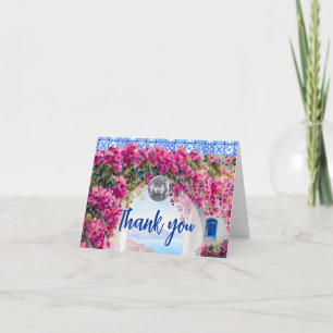Watercolor Pink Bougainvillea Flowers Blue Tile Thank You Card