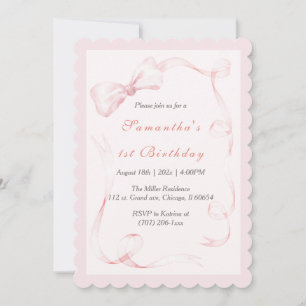  Watercolor Pink Bow 1st Birthday Invitation