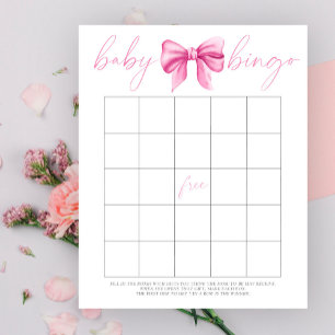 Watercolor pink bow Baby Bingo game