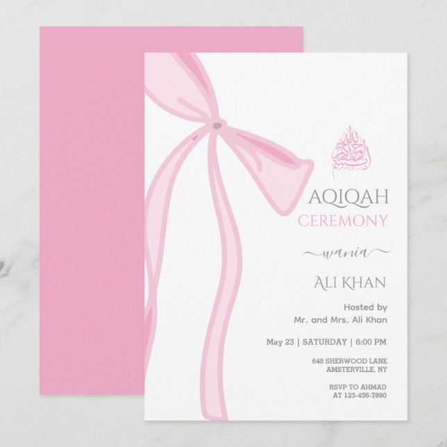 Watercolor Pink Bow Baby girl Aqiqah Invitation (Front/Back)