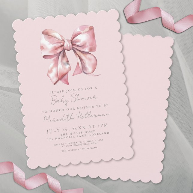 Watercolor Pink Bow Baby Shower Girl Invitation (Watercolor Pink Bow Baby Shower Girl Invitation)
