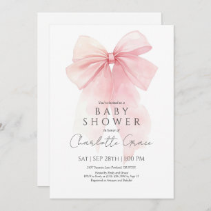 Watercolor Pink Bow Baby Shower Invitation
